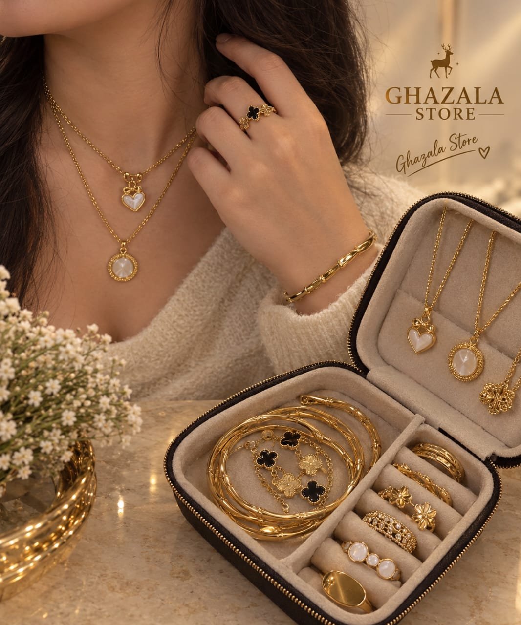 صندوق مجوهرات "Ghazala" الشامل مع طقم إكسسوارات متكامل - إستانلس ستيل ذهبي (مقاوم للصدأ)